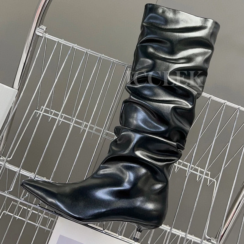 

High-End Long Boots Autumn New Top Level Craftsmanship Fashion Female Boots Pleated Pile Up Design Walk Show Ladies Pumps