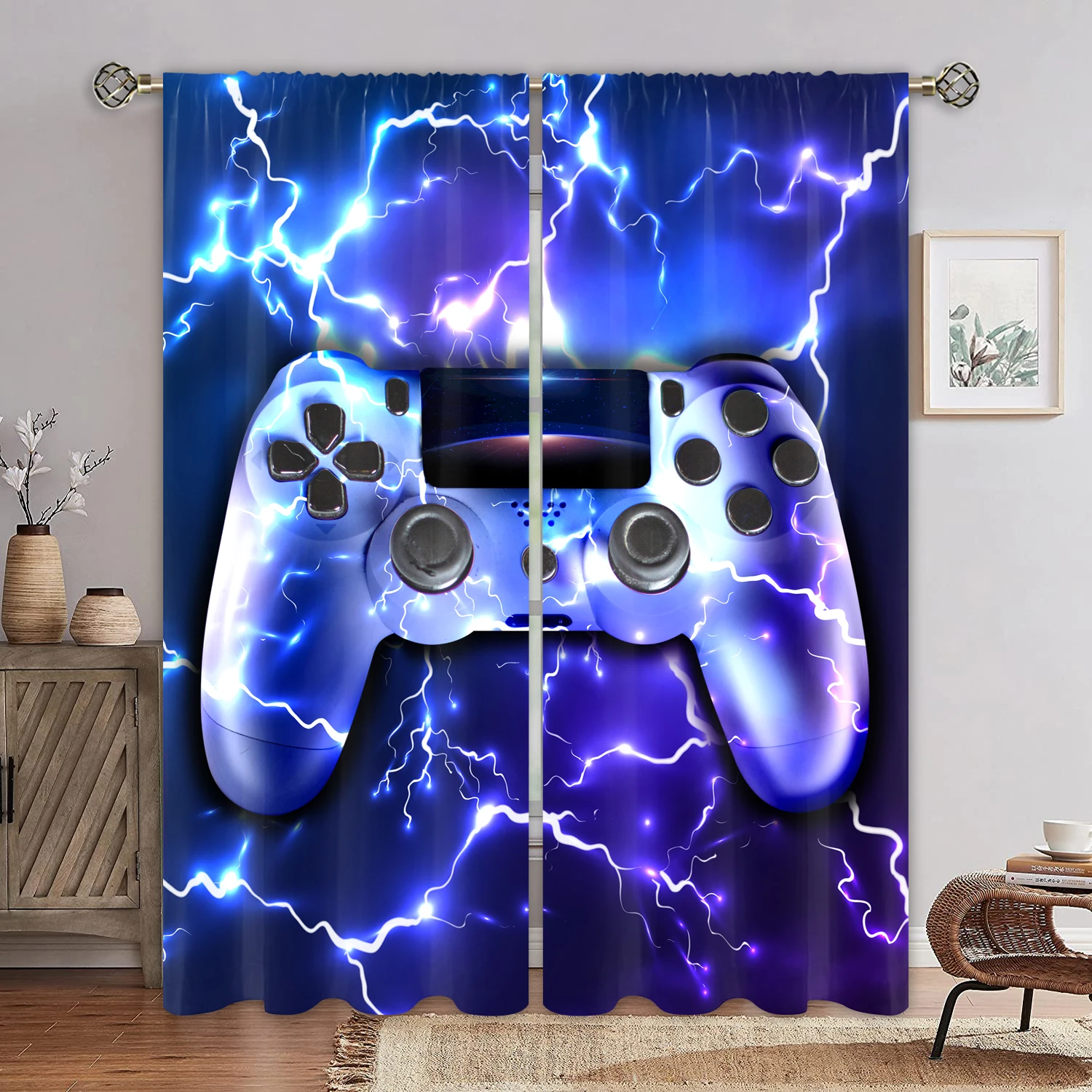 Cool Gaming Controller Curtains Lightning Pattern Drapes Blue Gamer Theme Living Room Bedroom Decor 2 Panels Set