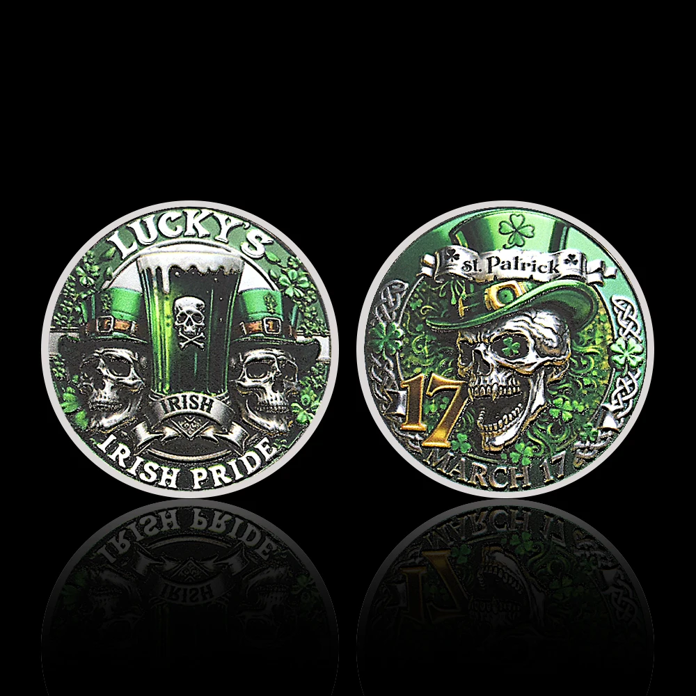 Фото Набор памятных монет Lucky’s Irish Pride с серебряным покрытием – коллекционный сувенир ко Дню Святого Патрика, подарок с дизайном зеленого пива и черепа №4