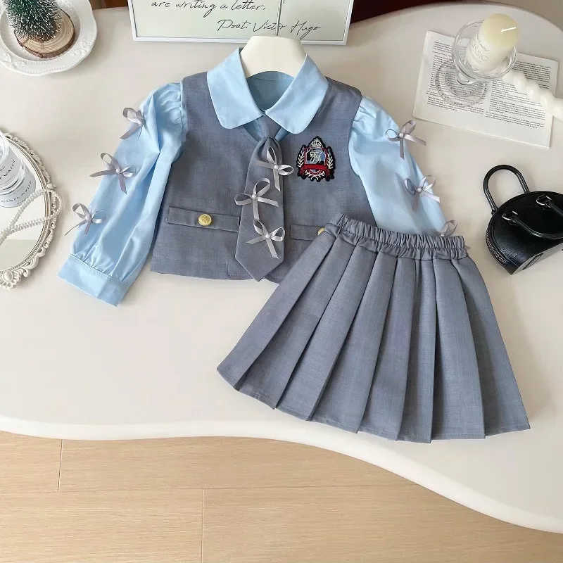 garnitury dziewczęce jesienno-wiosenna koszula z długim rękawem + kamizelka spódnica moda dziewczynka sukienka sukienki dziecięce jesień maluch