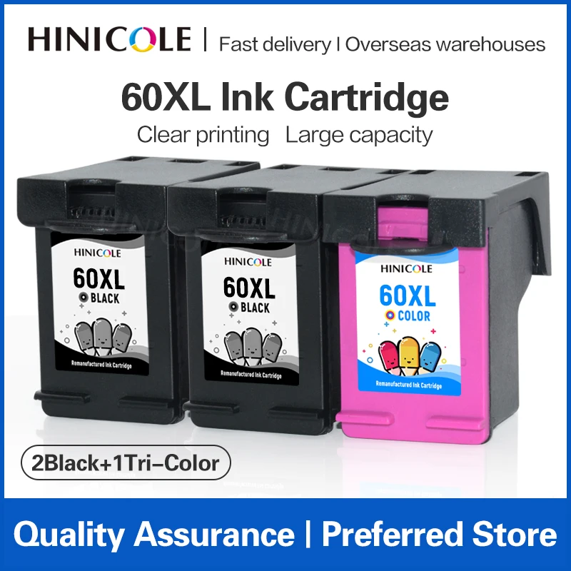 

HINICOLE 2BK1C 60 XL Ink Cartridge For HP 60XL For HP Deskjet F4288 F4292 F4293 D2660 F4440 F4480 F4400 F2400 F2420 Printer