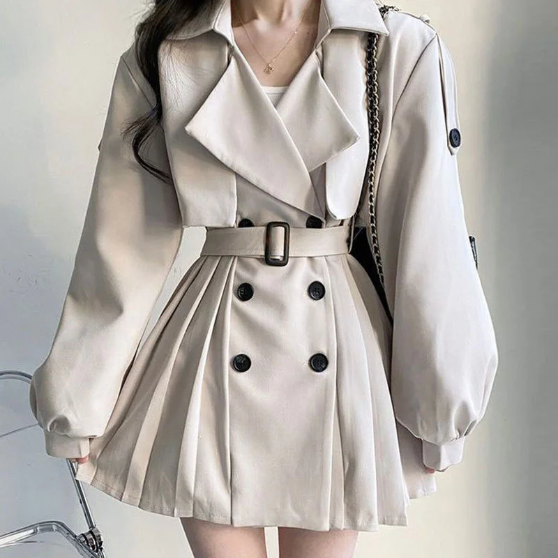 

Женский костюм с воротником-стойкой, простой двубортный плиссированный Тренч в Корейском стиле, облегающий плиссированный Тренч во францу...