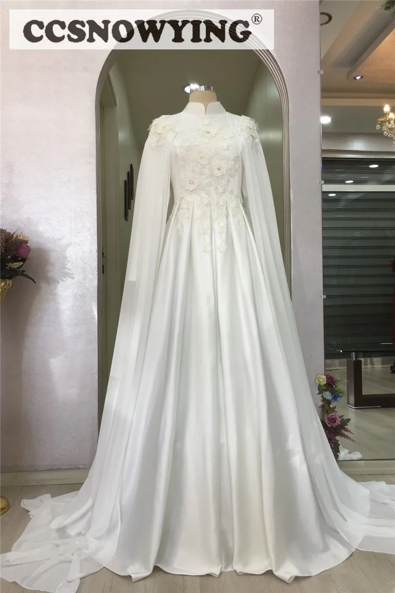

Appliques Long Sleeve Muslim Evening Dresses with Cape High Neck Islamic Formal Party Gown Hijab Saudi Arabia Robe De Soiree