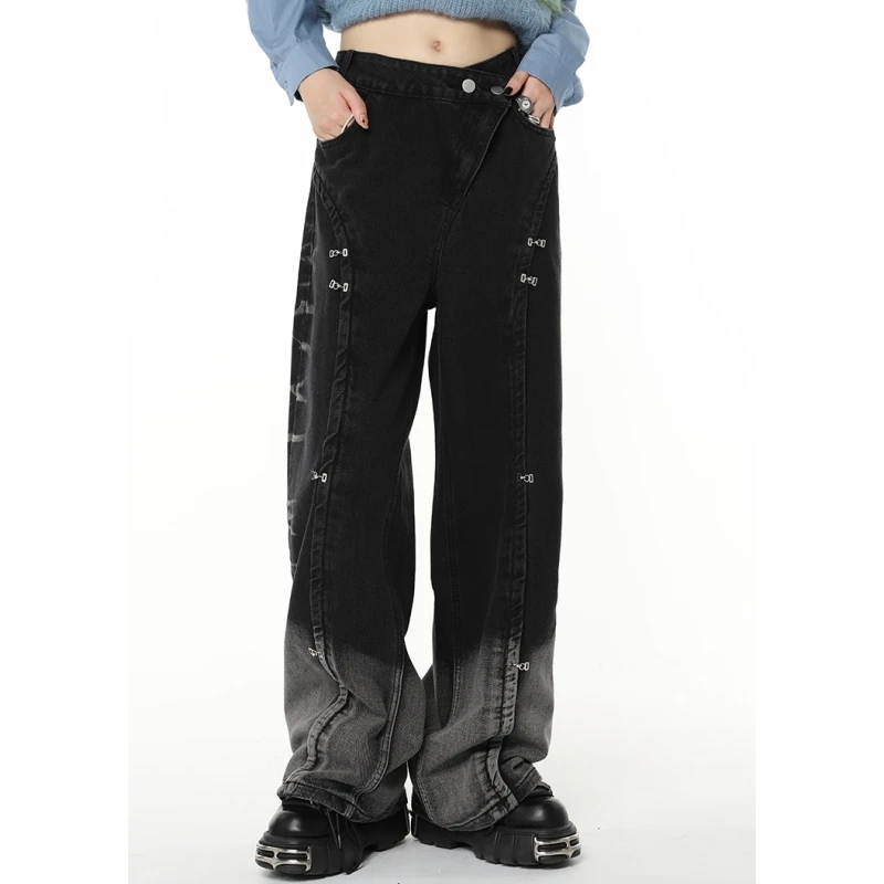 

Винтажные черные женские джинсы с высокой талией, градиентные американские модные уличные брюки с широкими штанинами, Женские Мешковатые д...