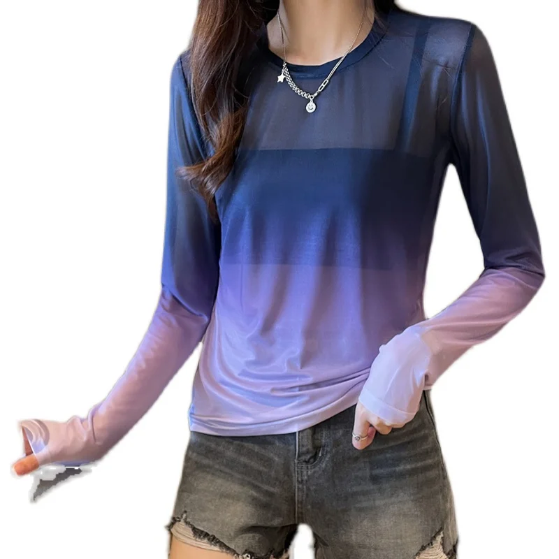 

Gradient Purple T Shirts Women Long Sleeve Gradident Green T Shirts Women Fashion Transparent Sunscreen T Shirt Tops Woman