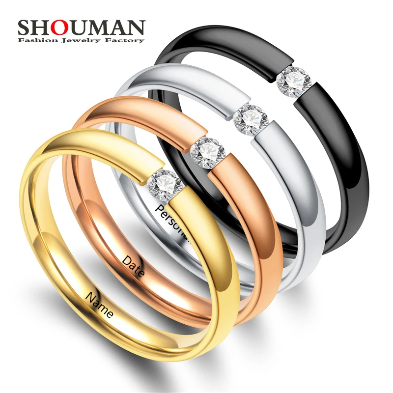 

SHOUMAN 3mm Stainless Steel CZ Stone Crystal Simple Ring for Women Girl Custom Engrave Name Charm Jewelry