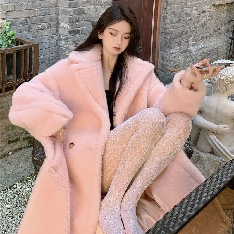 Lamb wool large size coat female winter platycodon temperament in long loose fashion female coat with thick fluffy long coat