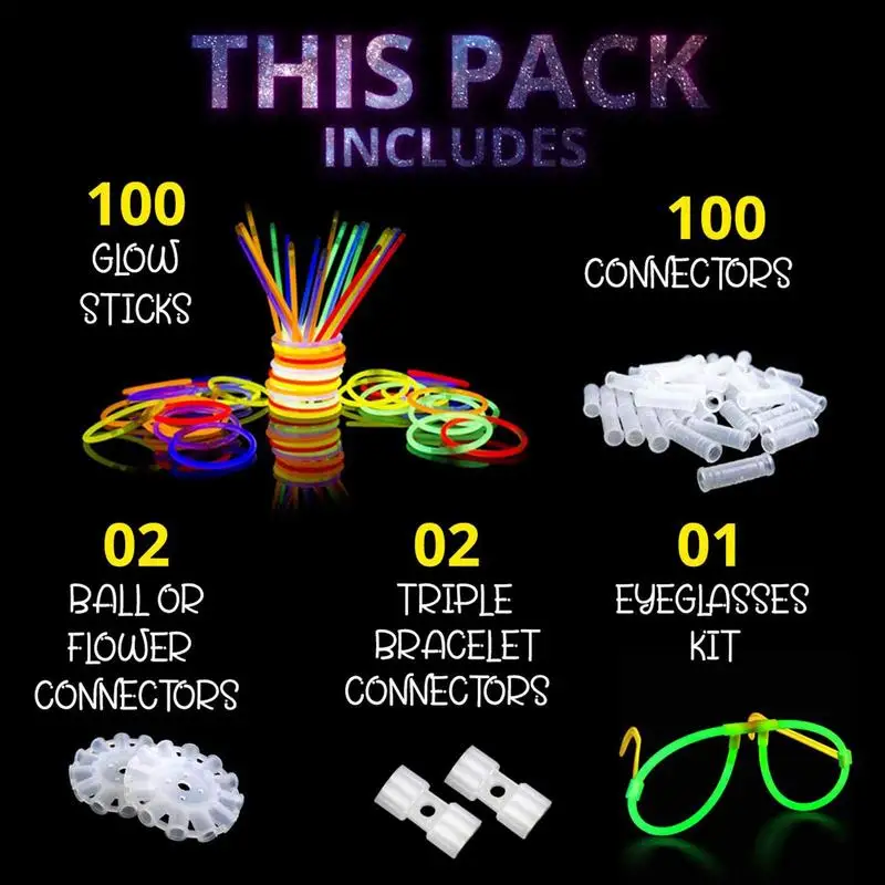 205Pcs Glow in The Dark Kit 100 Party Sticks Eye Glasses kit-Bracelets Necklaces 12 Hours Pack 8 inch for Home