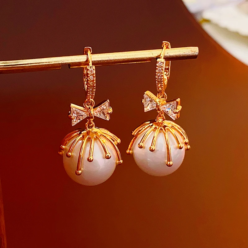 

DREJEW Vintage Palace Style Pearl Earrings For Women Bowknot Round Drop Earrings For Party Wedding Elegant Jewelry Gifts
