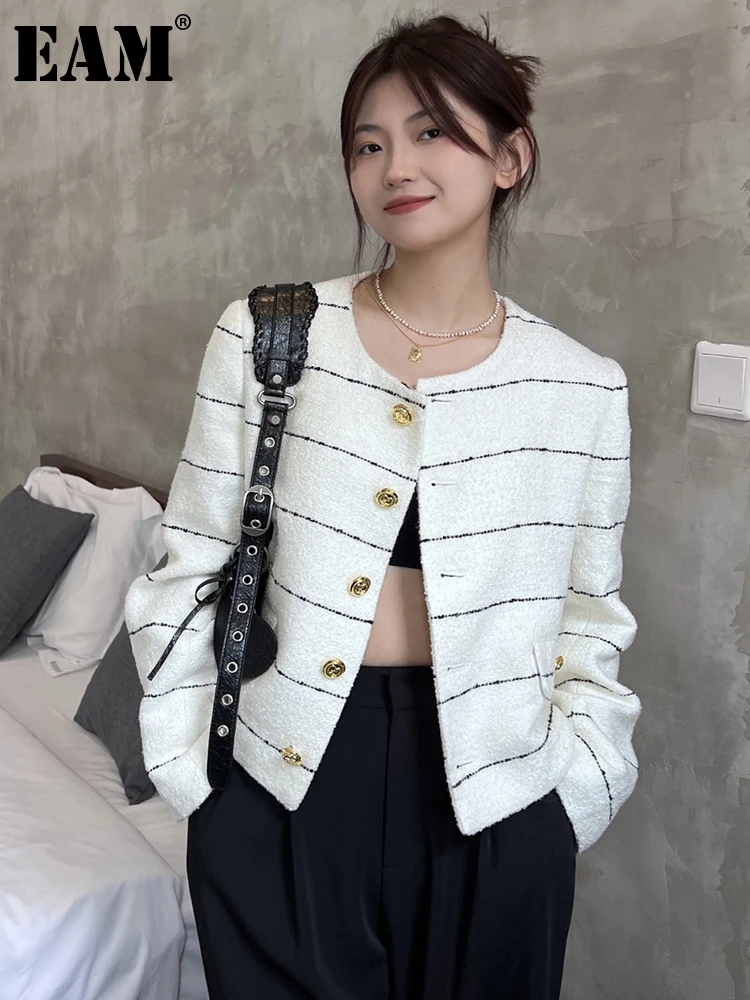 

[EAM] Loose Fit White Striped Tweed Big Size Jacket New O-neckLong Sleeve Women Coat Fashion Tide Spring Autumn 2022 1DF0536
