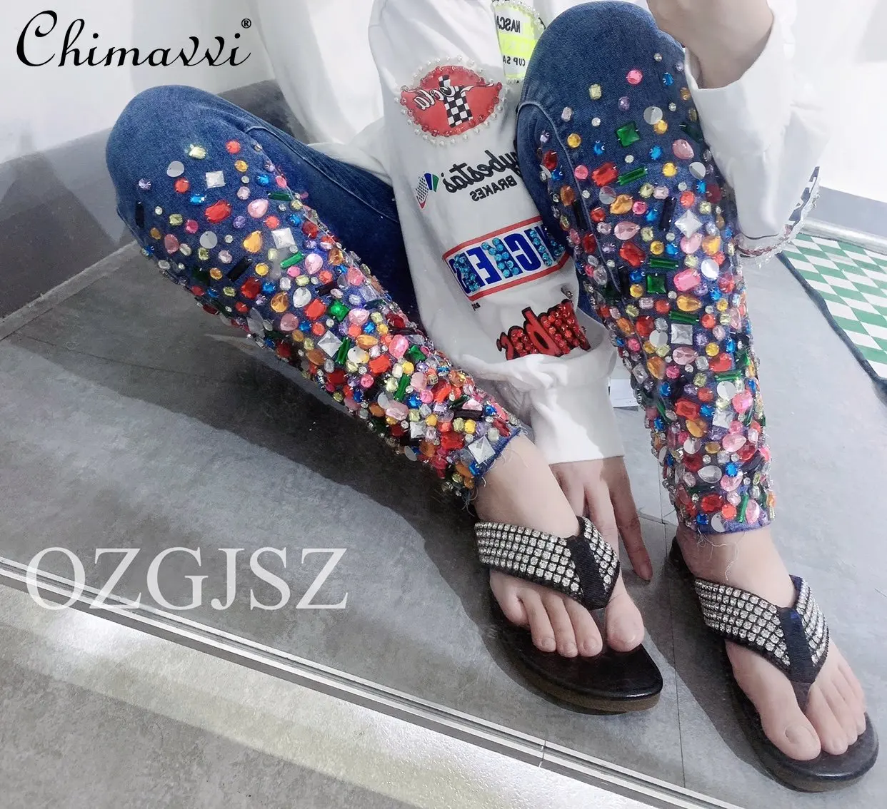 

European Goods Heavy Industry Fashion Brand Color Diamond Jeans 2023 Spring New Stretch Denim Skinny Pants High Waisted Jeans