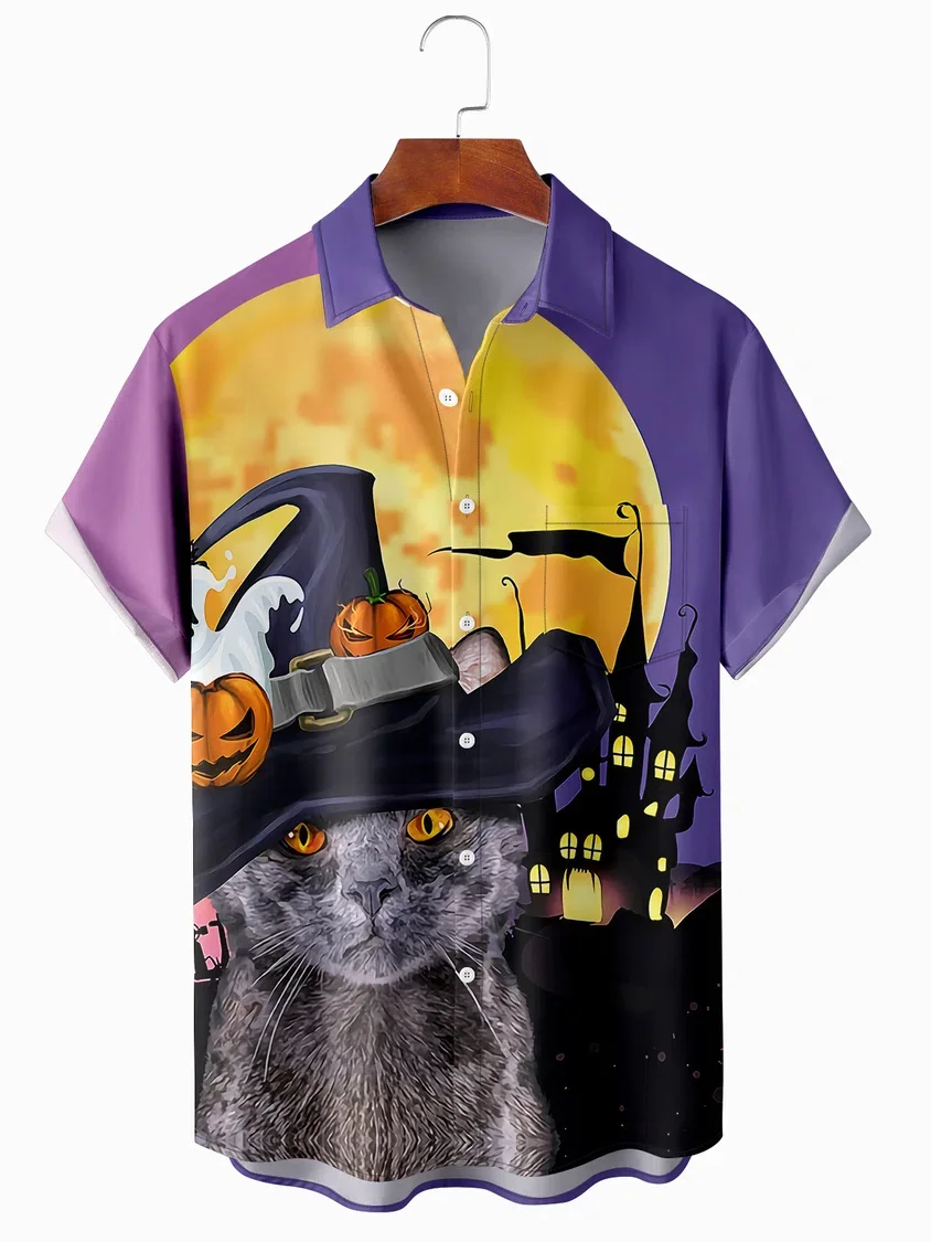 

Casual Style Festival Series Halloween Pumpkin Cat Pattern Lapel Short-Sleeved Chest Pocket Shirt Printed Top