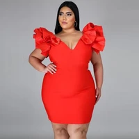 women bodycon party dresses v neck sexy ruffles big size 4xl 5xl red hig waist mini cocktail evening party robes for ladies new
