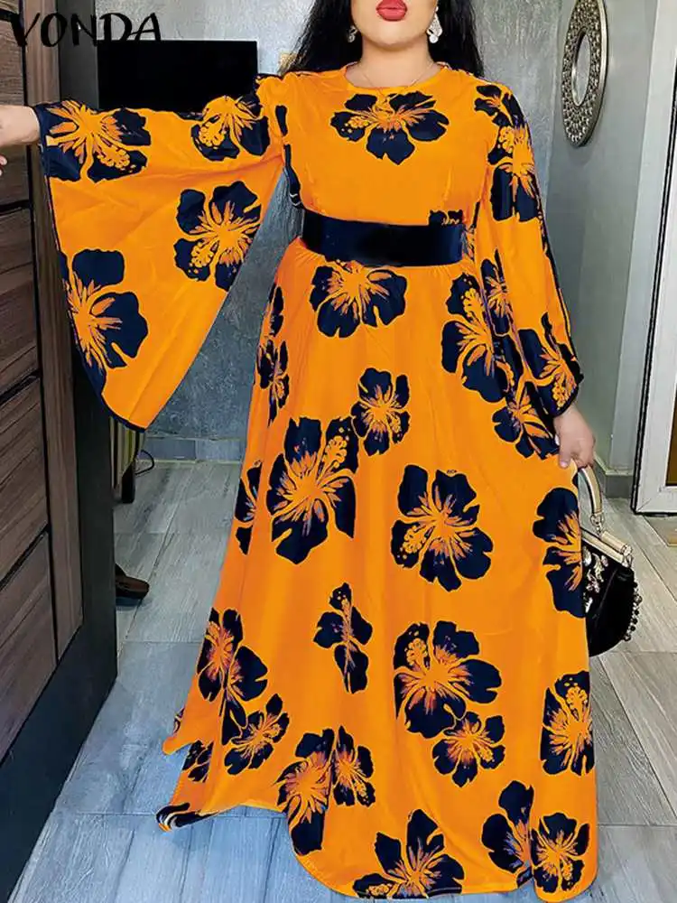 

VONDA 2022 Women Sundress Summer Long Sleeve Vintage Printed Pleated Dress Flare Sleeves Holiday Party Maxi Dresses Vestidos