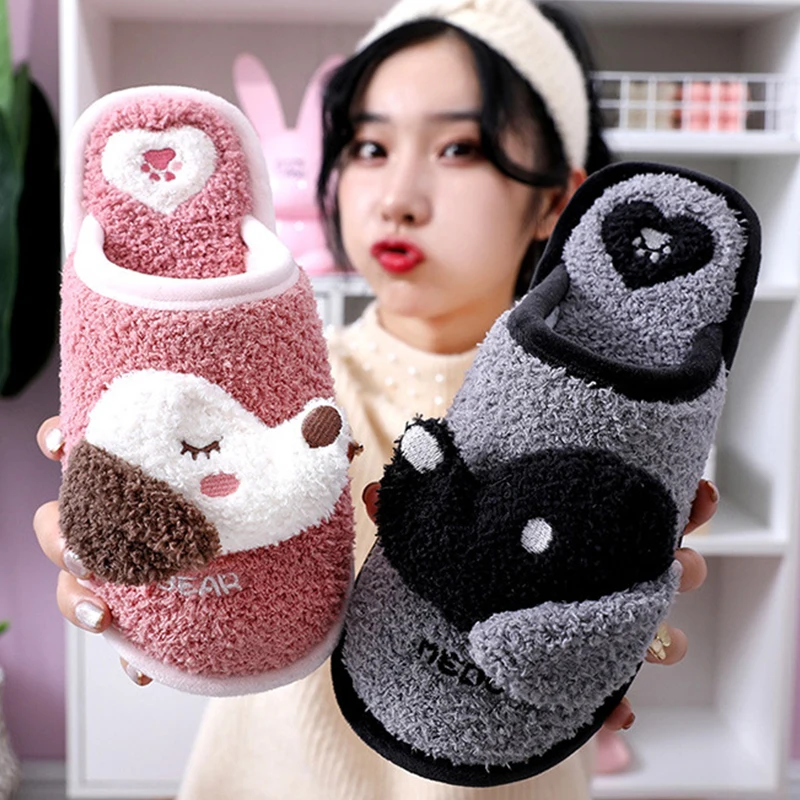 

Cartoon Plush Puppy Cotton Women Slippers Cute Animal Design Bedroom Girls Warm Plush Non-slip Ladies Fluffy Slides Shoes