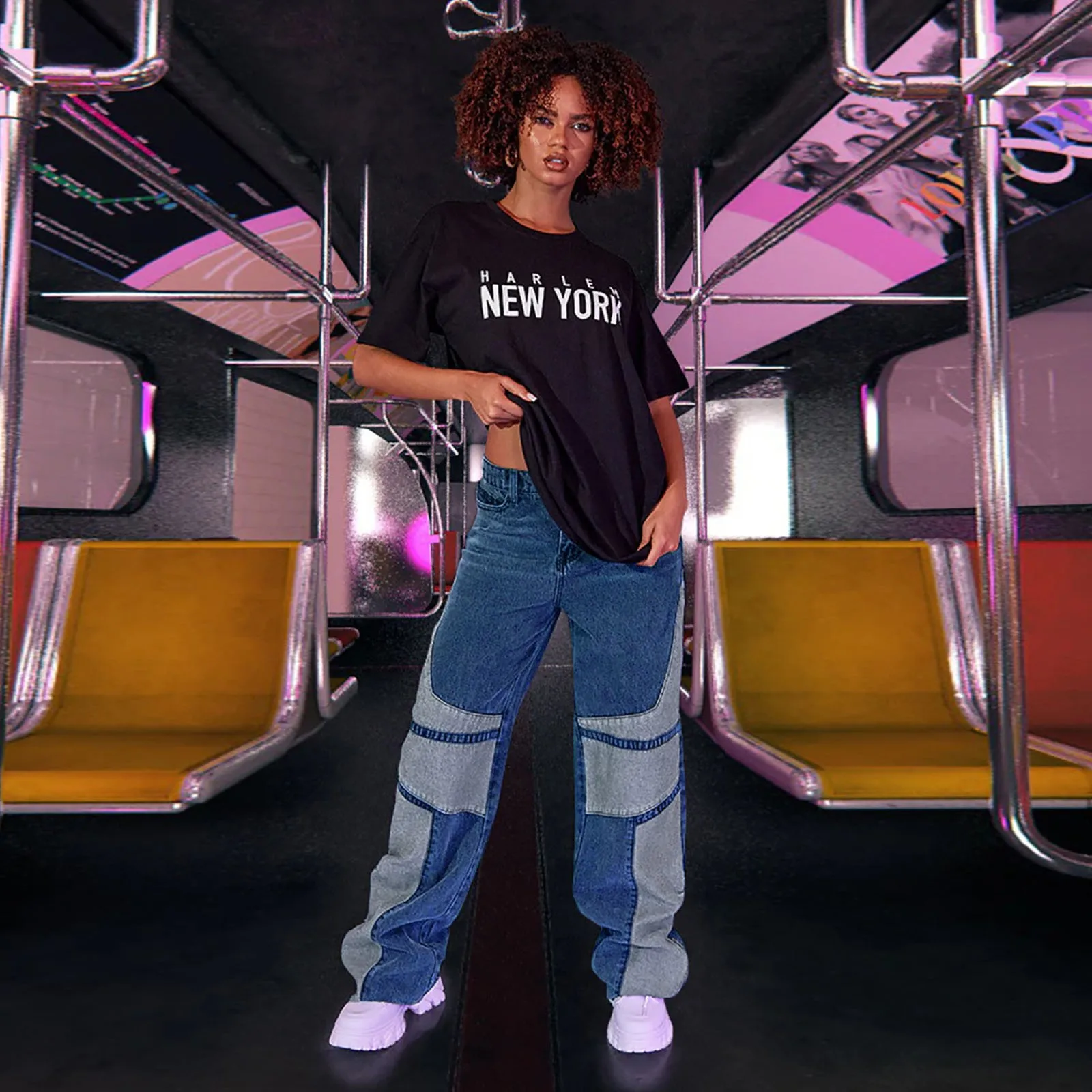 

Женские Модные свободные джинсы, повседневные Прямые джинсы в стиле пэчворк, уличная одежда в стиле Харадзюку с высокой талией, штаны оверсайз