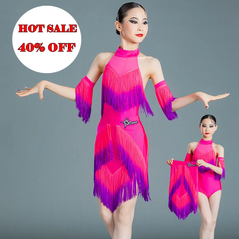 

Детское платье для латиноамериканских танцев для девочек, костюмы для латиноамериканских конкурсов, платье без рукавов с постепенной бахромой, наряды для выступлений DN9715