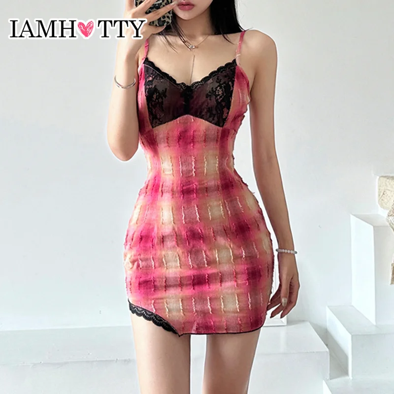

IAMHOTTY Y2K кружевное лоскутное платье контрастных цветов в клетку облегающее мини-платье красного цвета с V-образным вырезом без рукавов праздничный наряд для вечеринки Новинка