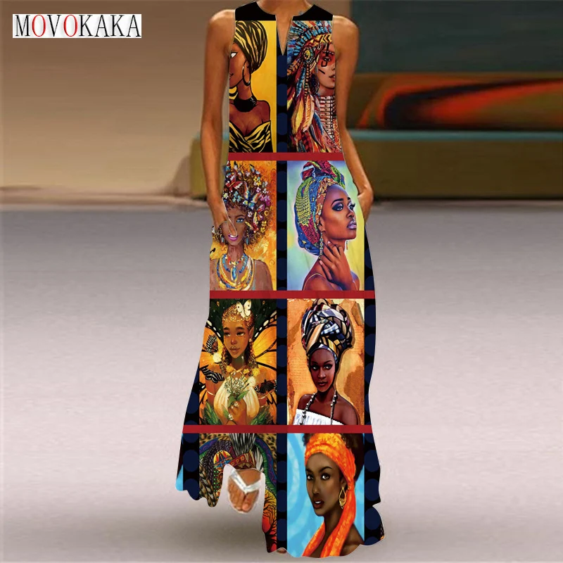 

MOVOKAKA Ladies Spring Summer Black Long Dress Women Sleeveless V-neck Striped Elegant Dresses Party Faces Printed Bohemia Dress