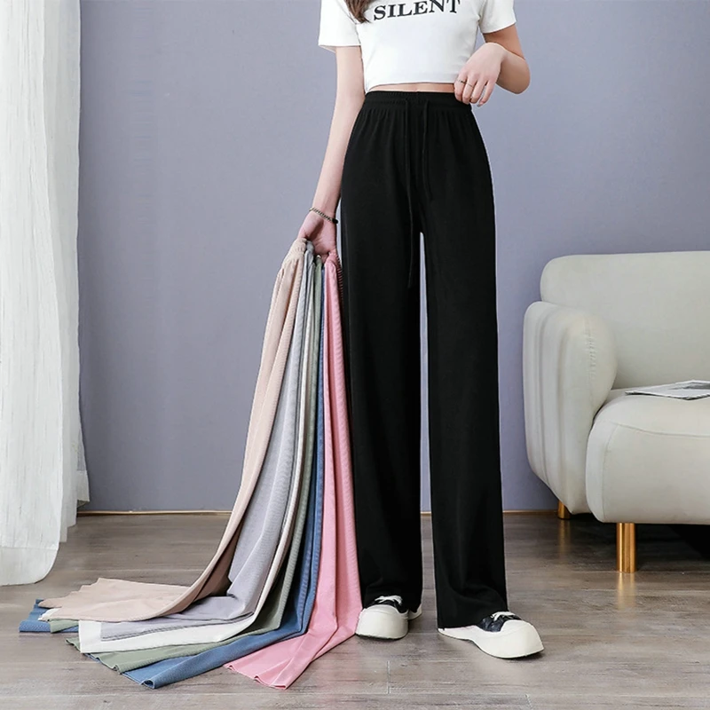 

Thin Women Wide-Leg Silk Breathable Mopping Pants Loose Casual Leggings Ice Trousers Drawstring Waist High Long Sumer Pants Lady