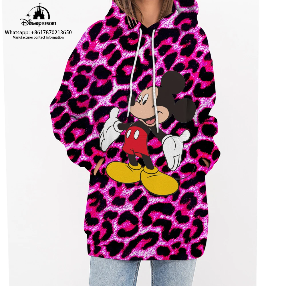 

New Fall Leopard Collection Mickey and Minnie Cartoon Streetwear Disney Brand Women's Casual Crew Neck Extended Hoodie Y2K