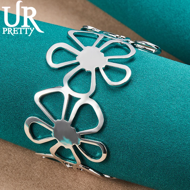 

925 Sterling Silver Adjustable Opening Flowers Bangle Bracelet For Women Party Gift Engagement Wedding Fashion Jewelry