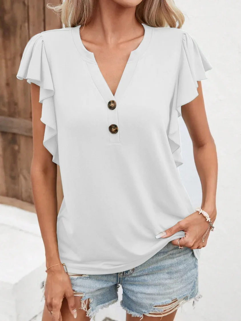

Women's Fashion Commuter T-Shirt V Neck Ruffle Sleeves Elegant Ladies Solid Color Short Sleeve Tops for Women