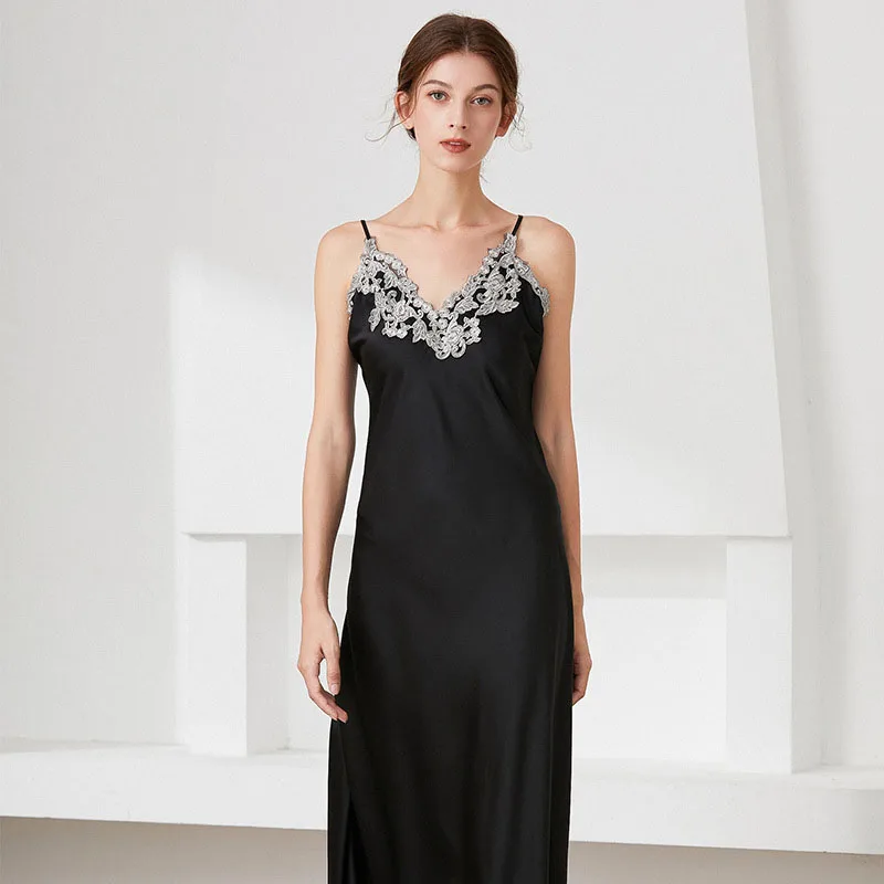 Women Sling Sleeveless Lace V-Neck Sleepwear Solid Color Silk Maxi Dress Pajamas