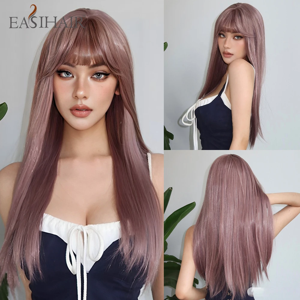 

EASIHAIR Synthetic Wigs Long Straight Gray Purple Lolita Wigs with Bang for Women Daily Cosplay Natural Heat Resistant Fake Hair