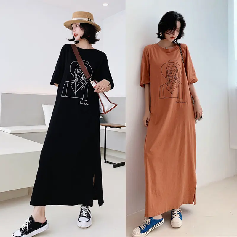 

Short Sleeve O-neck Pure Cotton Show Thin T-shirt Dress Summer 2022 Korean Women Dress Large Loose Maternity Draped Long Dresses