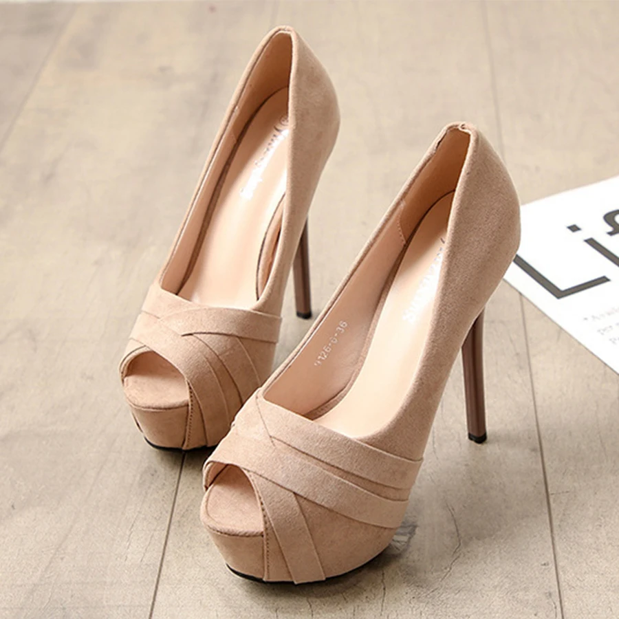 

2022 Spring Super High 10cm 12cm 14cm Stiletto Heels Pumps Women Shoes Peep Toe Soft Flock Platform Office Lady Party Shoes Sexy