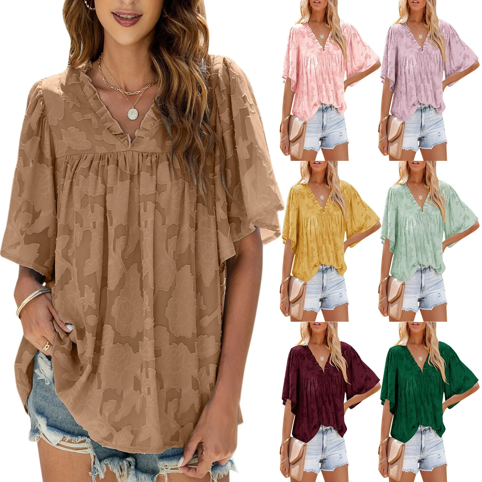 

Elegant Women Chiffon Blouse Green Yellow Half Sleeve V-neck Shirt Top Summer Casual Beach Thin Floral Shirts Clothes