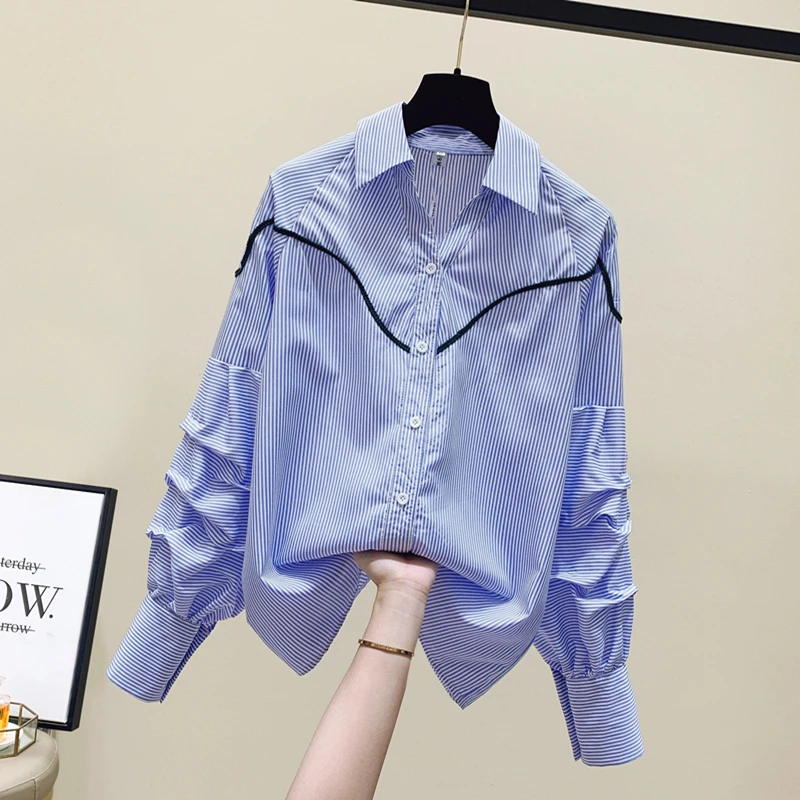 

Women's clothing label cutting counter and autumn foreign style pleated lantern long-sleeved striped shirt top