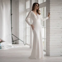 sheath civil wedding dress with long sleeve v neck floor length regular white simple bridal gown zipper back robe de mariee 2022