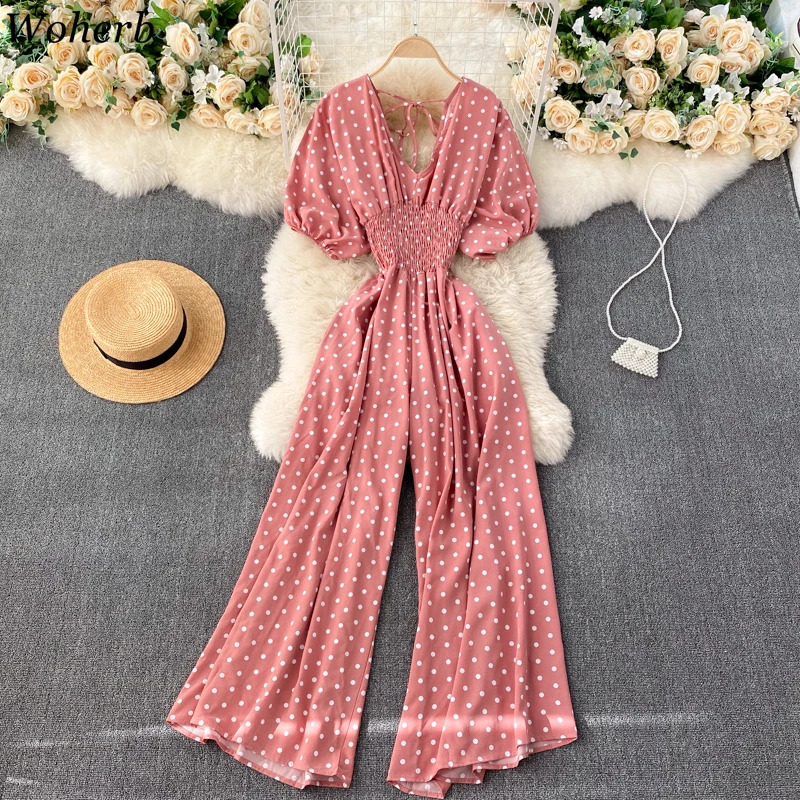 

Woherb 2022 Jumpsuit Women Casual Elegant Polka Dot Puff Sleeve High Waist Chiffon Wide Leg Playsuit Female Rompers Bodysuits