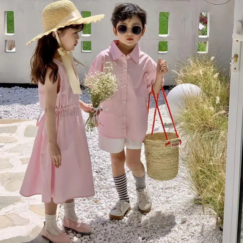 

Детская рубашка, Новинка лета 2022, Однотонная рубашка-юбка в Корейском стиле для мальчиков и девочек, детское платье для родителей и детей