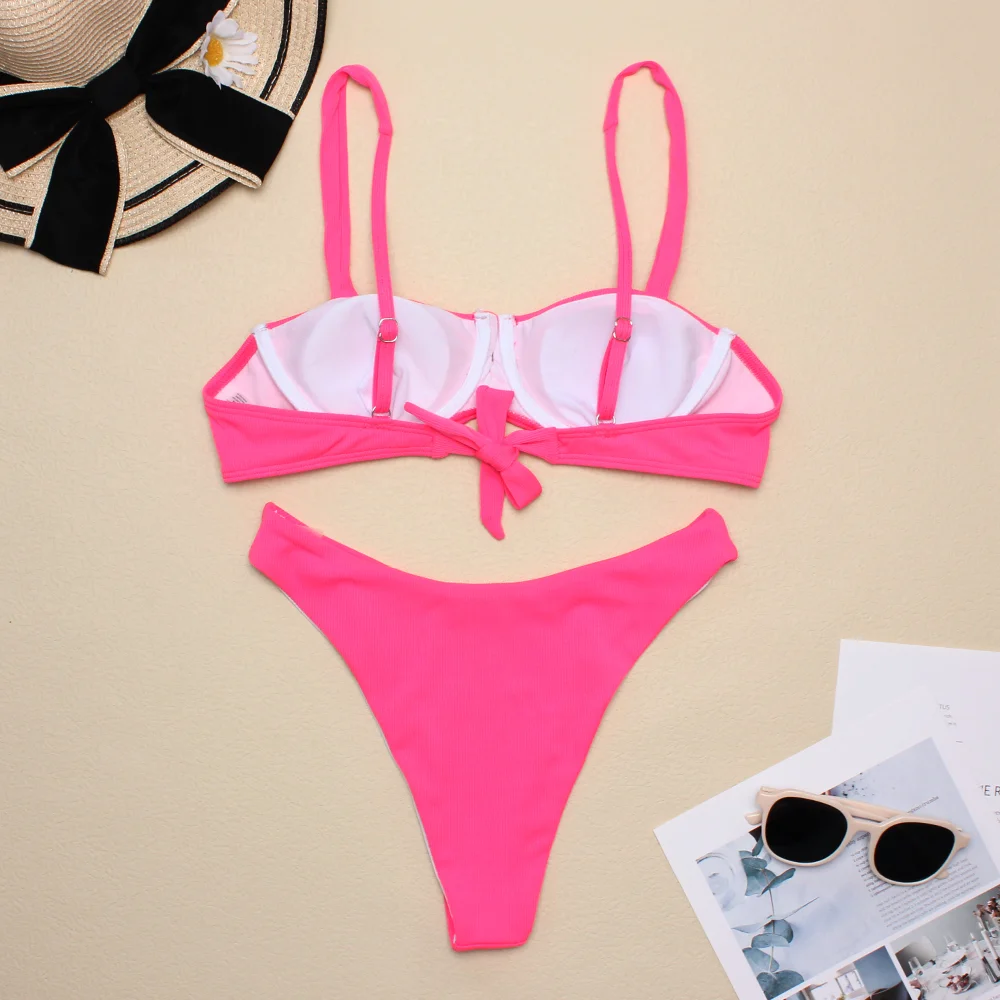 Популярный розовый купальник бикини 2021 Однотонный женский бразильский комплект