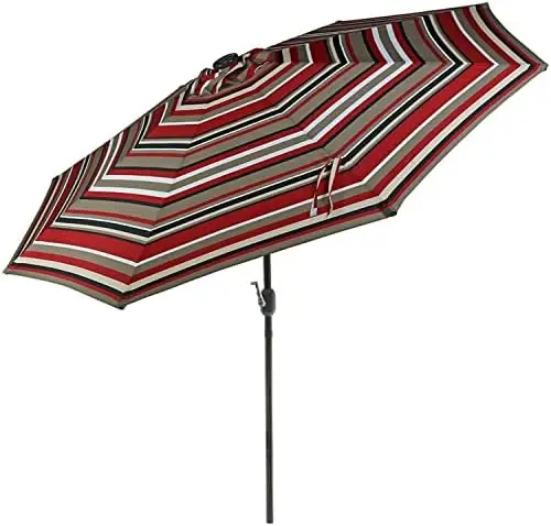 

Foot Outdoor Umbrella with Solar Lights & Tilt/Crank, LED, Awning Stripe