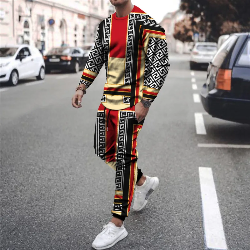 Latest summer men's clothing suit sportswear long-sleeved T-shirt + sweatpants suit casual men's print oversized 2-piece suit