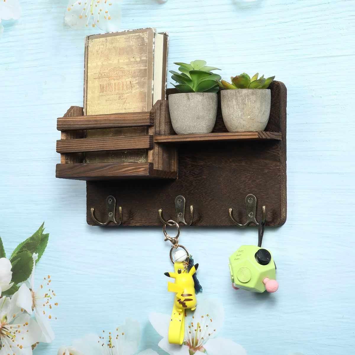 

Key Holder Wall Mounted Holder Rack Wooden Door Hanger Porch Wall Hanging Sundries Storage Box 3 Hangers Hooks Home Decor