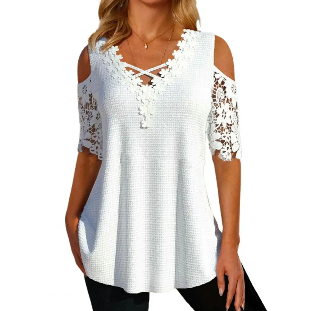 

Women's Shirt Top Lace Patchwork Hollow Out V Neck Off Shoulder Dress-up Solid Color Loose Summer Blouse Women's Shirt