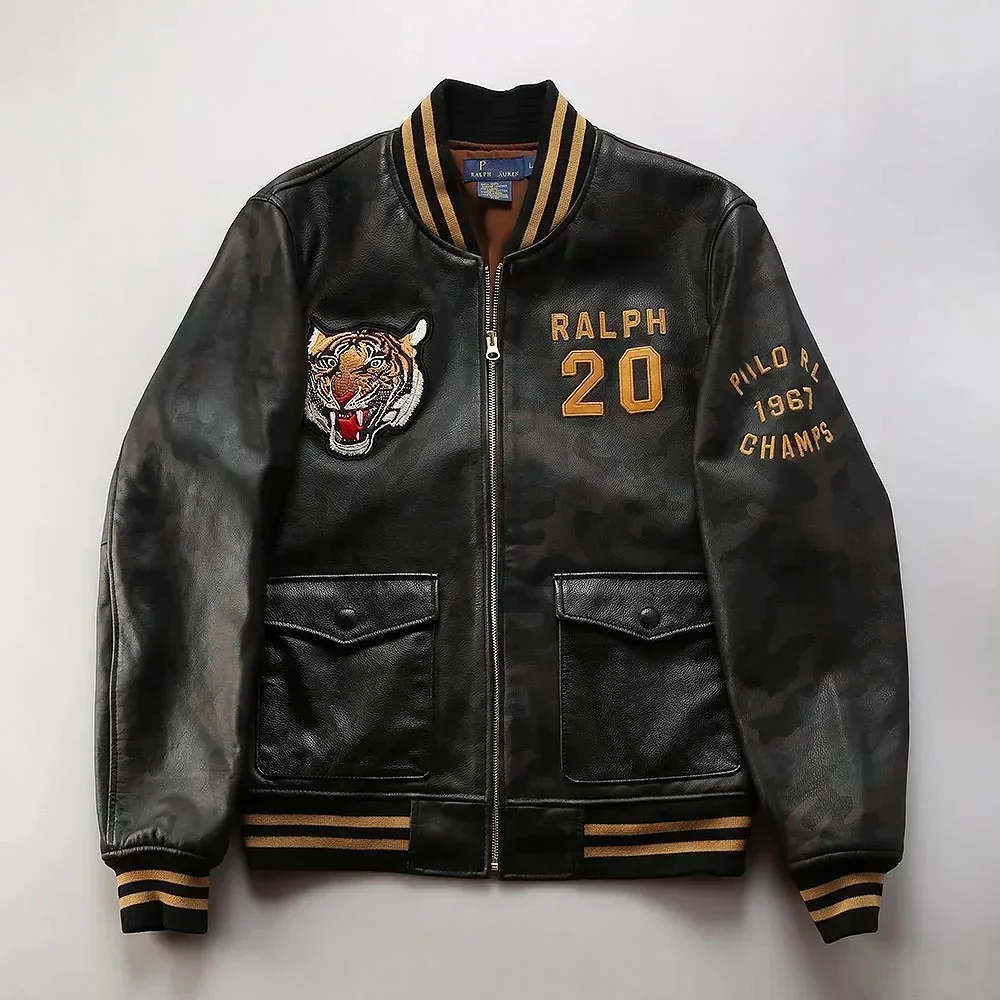 Мужская кожаная куртка с вышивкой тигра воротником-стойкой