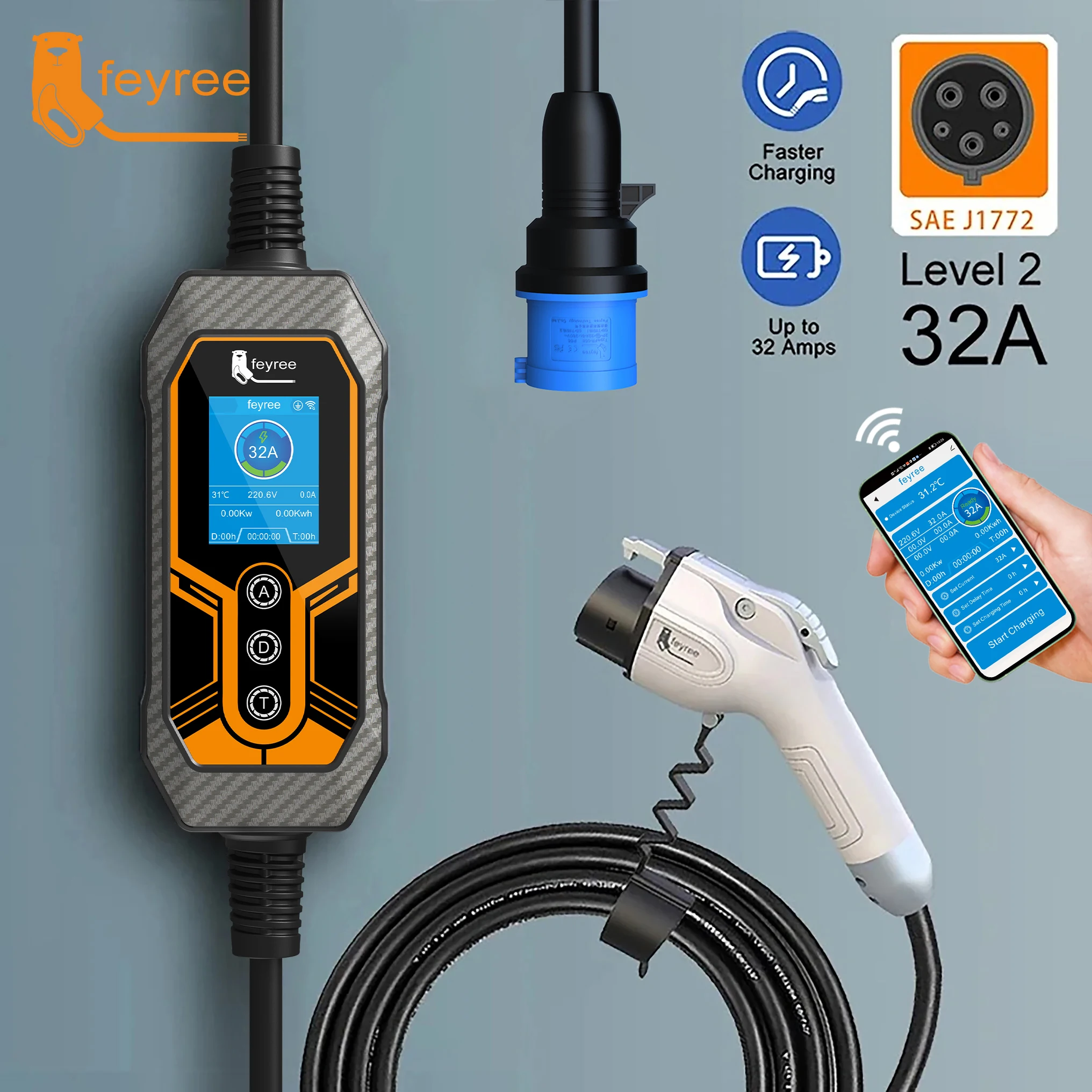 

Портативное зарядное устройство для электромобилей Feyree Wallbox Type1 j1772 Розетка 32A 7KW 1-фазное управление через приложение Портативный зарядный блок EVSE для электромобиля