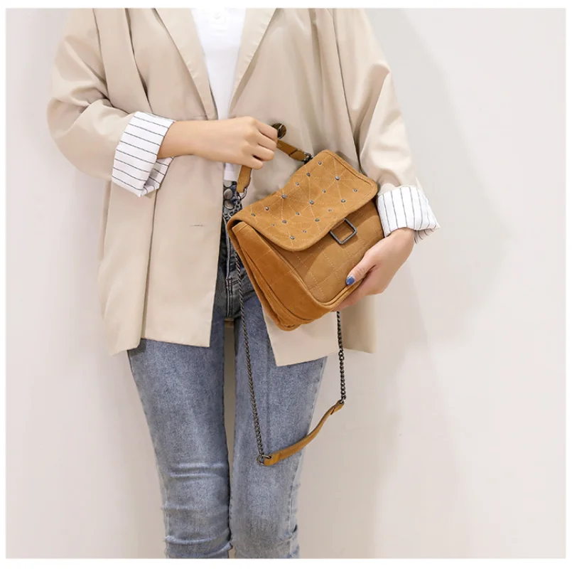 Autumn Winter New Stray Bag Rivet Small Square Bag Brown Back Velvet Cofskin One-shoulder Crossbody Bag