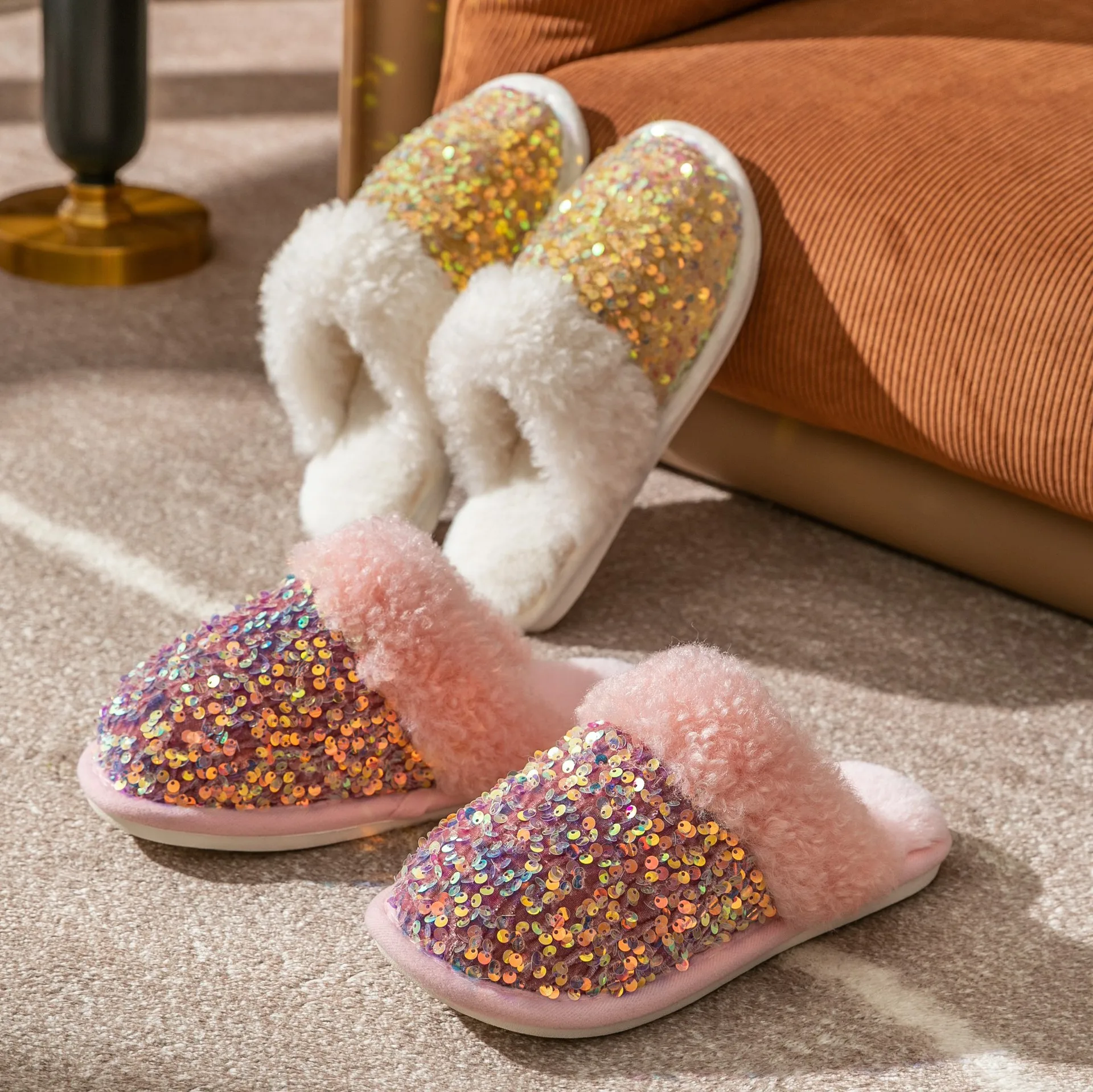 

Ins Baotou Sequin Cotton Slipper Female Home Indoor Plush Slippers Couple Cotton Drag Female