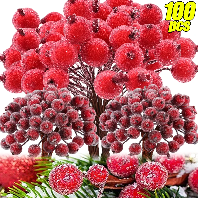 

Mini Artificial Holly Berries Frosted Double Head Fake Red Berry Stamen DIY Xmas Tree Wreath Decoration Home Party Table Decor