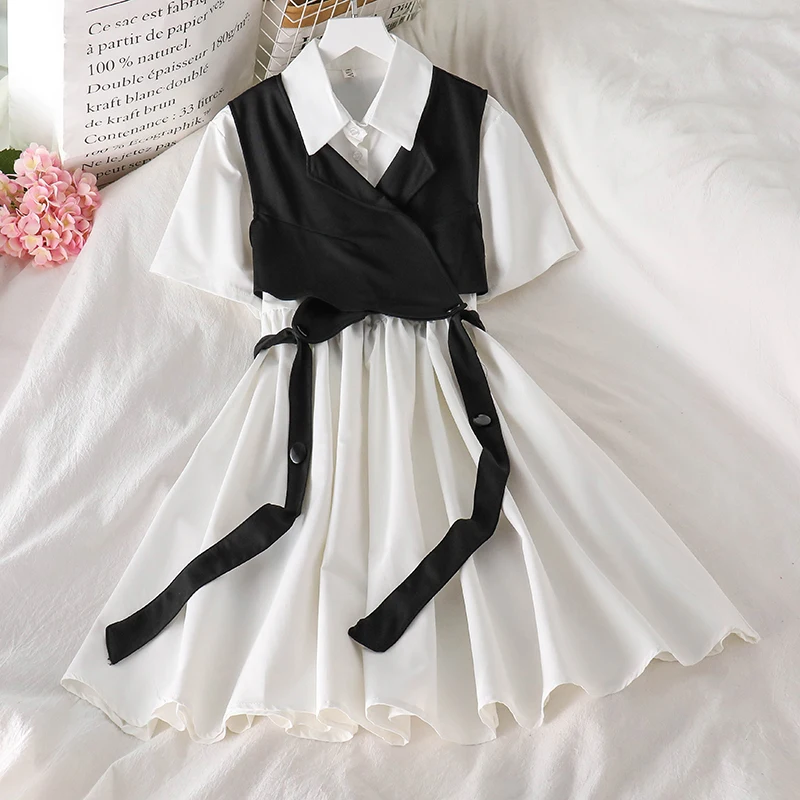 

Vintage Gothic Lolita Dress Women Harajuku Black Bandage White Mini Dress Summer Short Sleeve High Waist Party Vestido