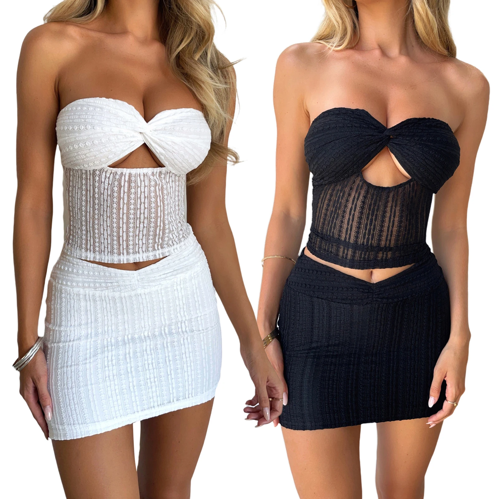 

Two Piece Skirt Set Women's Mini Skirts Suit Summer Sexy Outfit Cropped Top Skirt Elegant Female Clothing Wrap Chest Crop Top