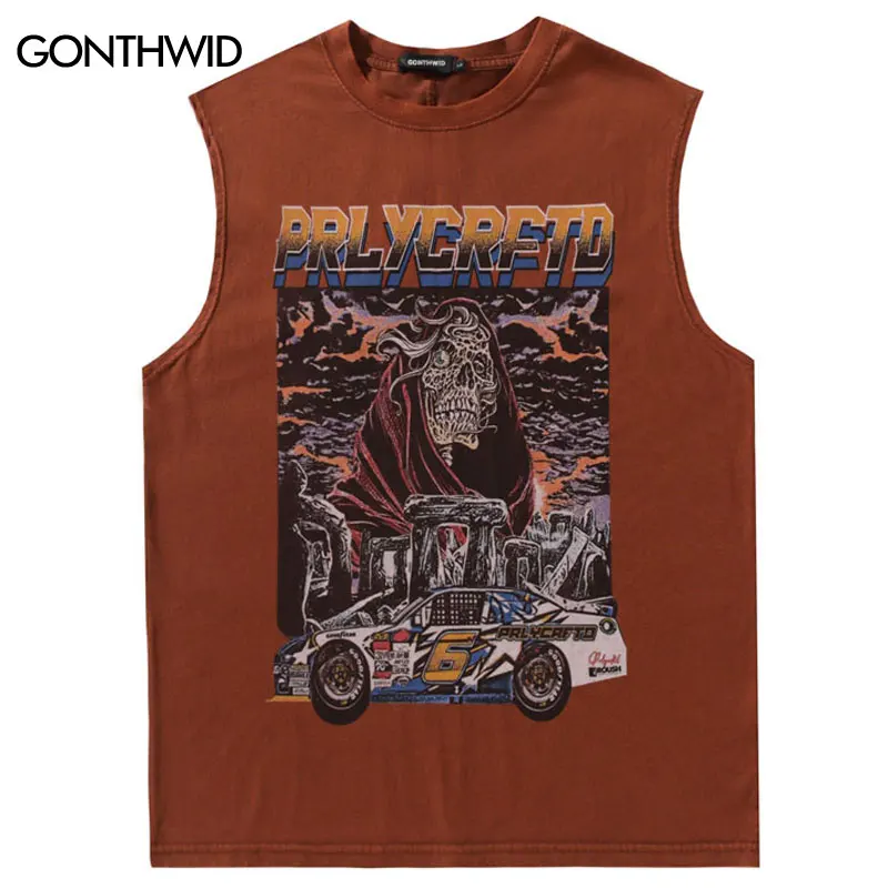 

Vintage Sleeveless T-Shirt Vest Y2K Hip Hop Retro Racing Car Skull Graphic Print Punk Gothic Tank Tops Harajuku Washed Tshirt