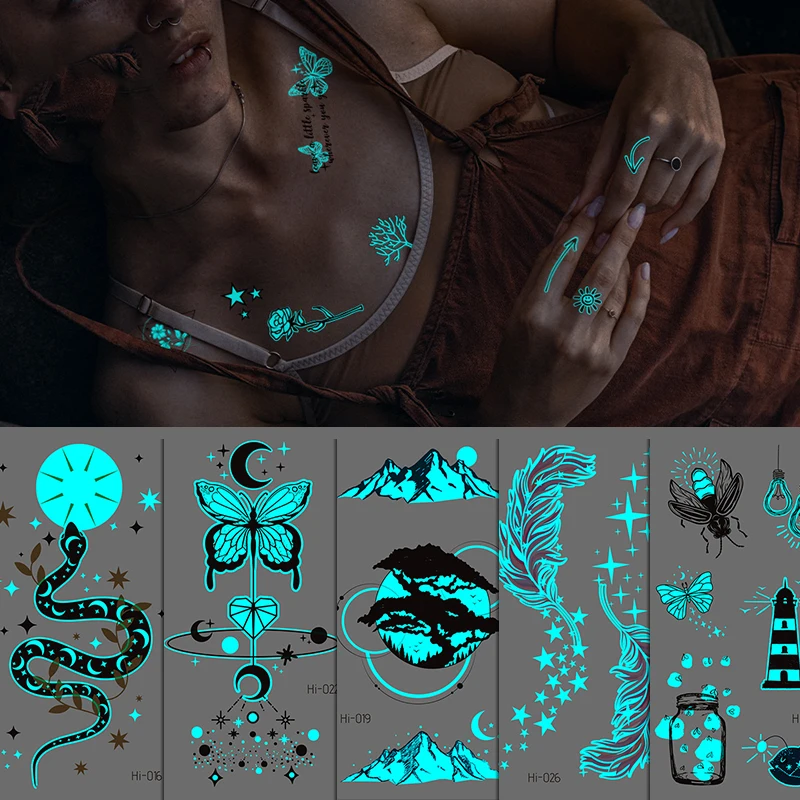 

10Pc Blue Luminous Tattoo Sticker Glowing Snake Waterproof Deer Feather Butterfly Temporary Tatoo Fake Tattoo Body Art Women Men